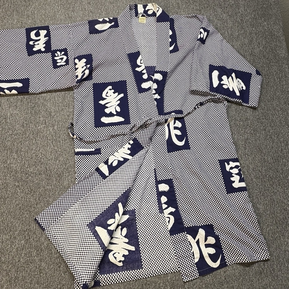 Vintage Japanese Cotton Yukata Robe Navy Blue White Kanji Pattern Kimono Shiki
